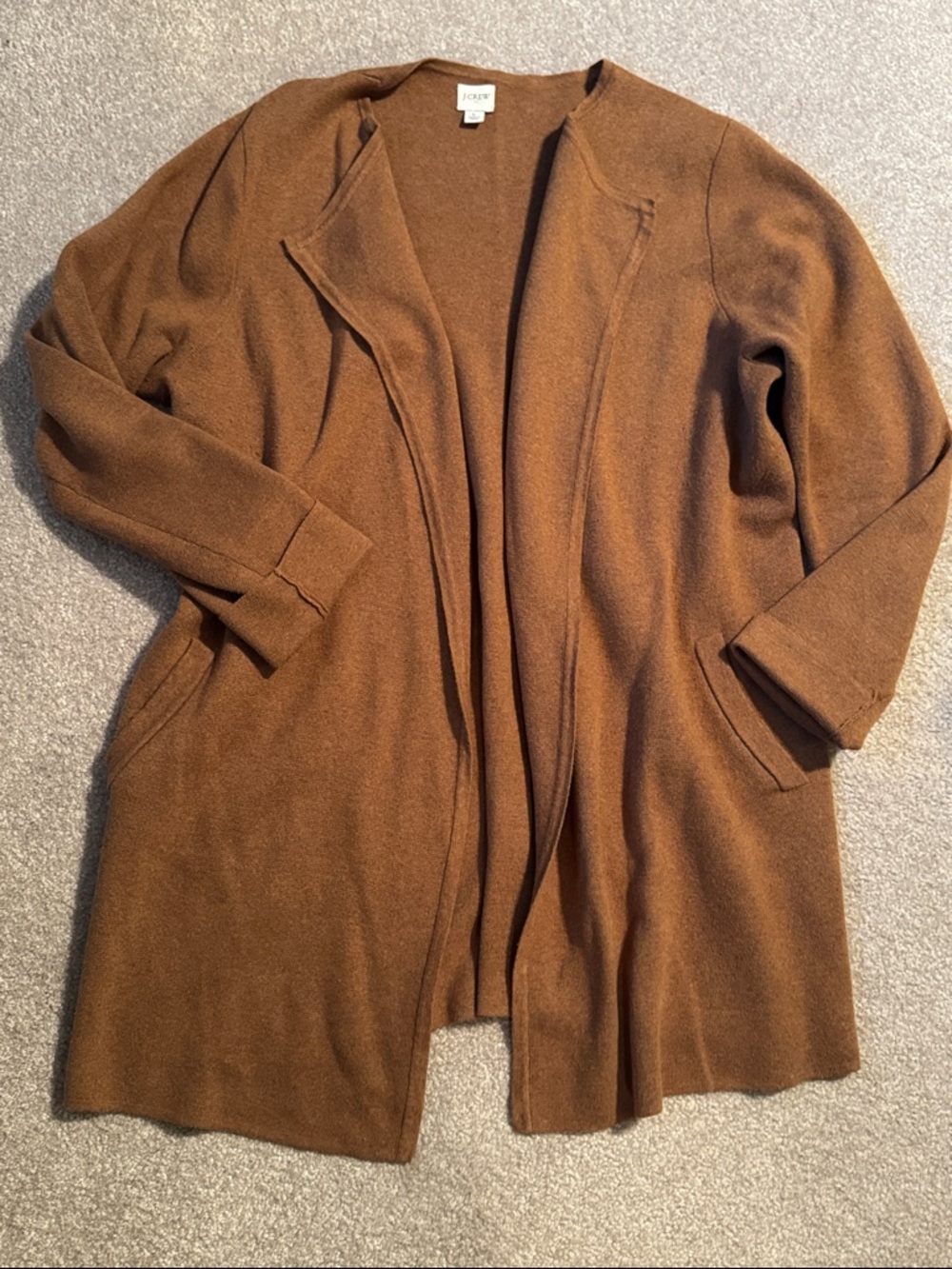 J Crew Open-Front Longline Cardigan in Chestnut Brown with Pockets